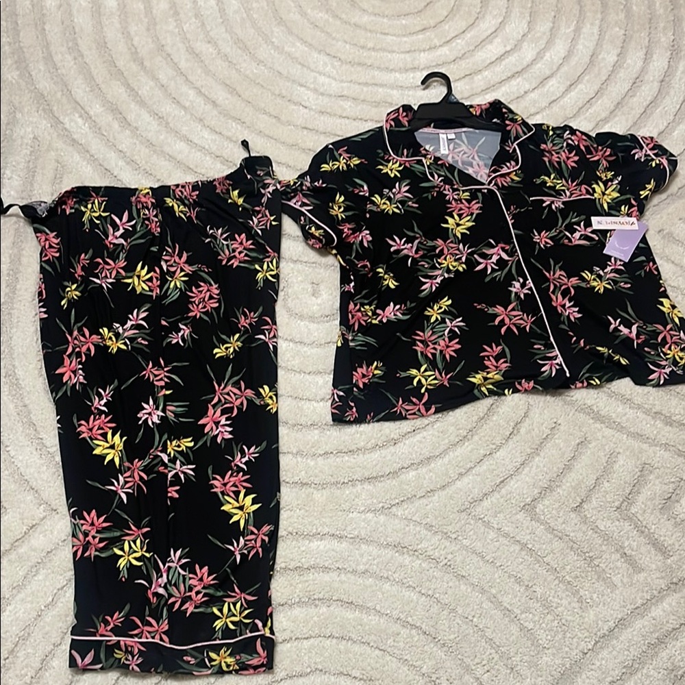 Floral Kids Pajamas Set - Black with Pink and Yellow Accents